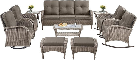 10-Piece Patio Furniture Set-Patio Rocking Chairs Set of 4 Outdoor Rattan Sofa Sets with Coffee Table Outdoor Patio Furniture Sets for Deck Porch Garden Balcony Poolside-Grey/Grey