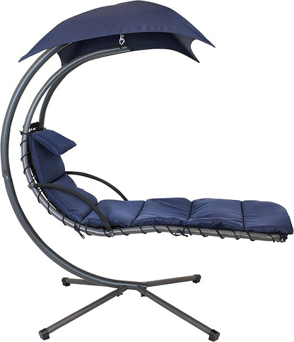 Sunnydaze Floating Chaise Lounger Swing Chair with Umbrella Canopy - Curved Steel Hammock Lounge Chair with Cushion and Pillow - Removable Cushion and Umbrella Shade - 82-Inch Tall - Navy Blue