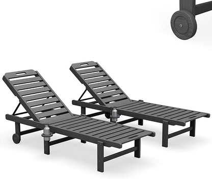 SERWALL Outdoor Chaise Lounge Set of 2, All-Weather HDPE Pool Lounge Chairs with 5-Position Adjustable Reclining Backrest, Rolling Wheels & Cup Holder for Poolside, Grey