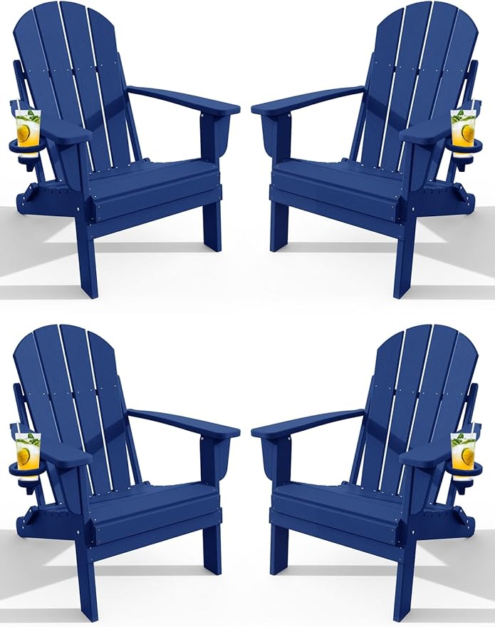 Adirondack Chair with Cup Holder Set of 4, Folding HDPE Patio Chairs, Outdoor Plastic Fire Pit Chair, Wood Texture, Lawn Chairs for Deck, Porch, Backyard, Garden, Navy Blue