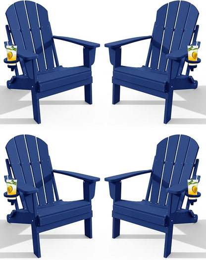 Adirondack Chair with Cup Holder Set of 4, Folding HDPE Patio Chairs, Outdoor Plastic Fire Pit Chair, Wood Texture, Lawn Chairs for Deck, Porch, Backyard, Garden, Navy Blue