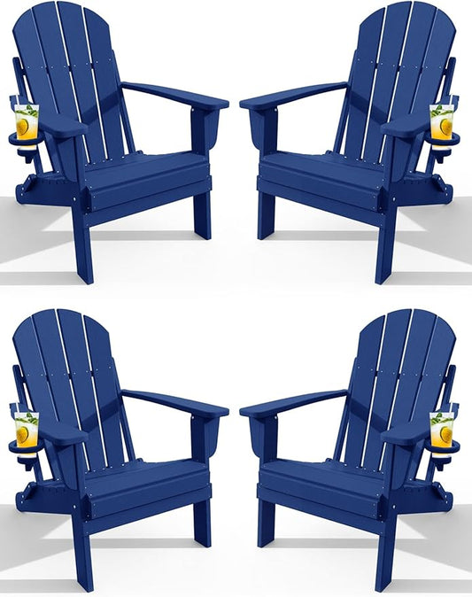Adirondack Chair with Cup Holder Set of 4, Folding HDPE Patio Chairs, Outdoor Plastic Fire Pit Chair, Wood Texture, Lawn Chairs for Deck, Porch, Backyard, Garden, Navy Blue