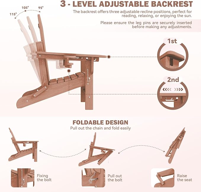Mdeam Folding Adirondack Chair with 3-Level Adjustable Backrest, Weather-Resistant, 2 Cup Holders, Retractable Ottoman, Perfect for Patio, Garden, Backyard, Lawn, and Outdoor Use (Teak)