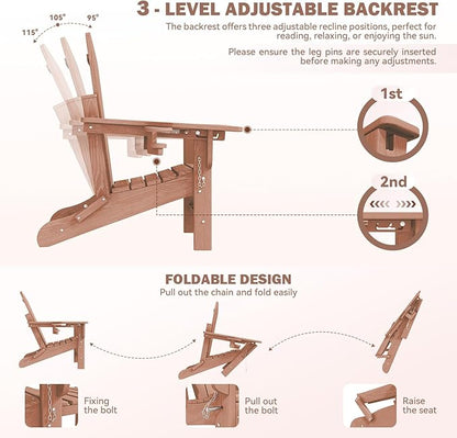 Mdeam Folding Adirondack Chair with 3-Level Adjustable Backrest, Weather-Resistant, 2 Cup Holders, Retractable Ottoman, Perfect for Patio, Garden, Backyard, Lawn, and Outdoor Use (Teak)