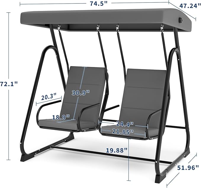 2-Person Patio Porch Swing Chair, Heavy Duty Outdoor Glider with Adjustable Canopy, High Backrest, Removable Cushions - Photo 2