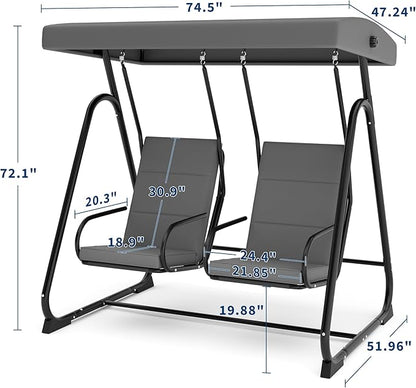 2-Person Patio Porch Swing Chair, Heavy Duty Outdoor Glider with Adjustable Canopy, High Backrest, Removable Cushions, Independent Seats for Garden, Balcony, Poolside, Backyard, Dark Gray