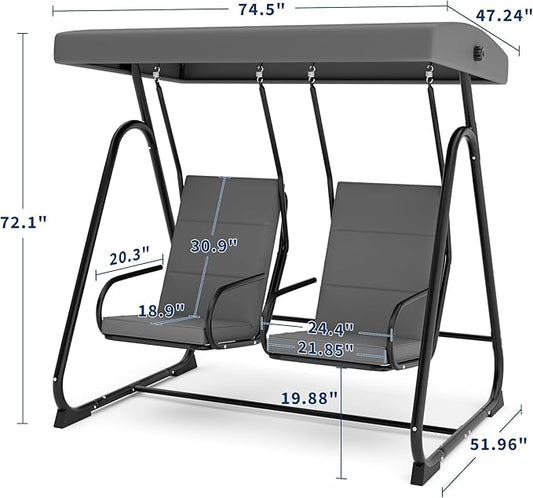 2-Person Patio Porch Swing Chair, Heavy Duty Outdoor Glider with Adjustable Canopy, High Backrest, Removable Cushions, Independent Seats for Garden, Balcony, Poolside, Backyard, Dark Gray