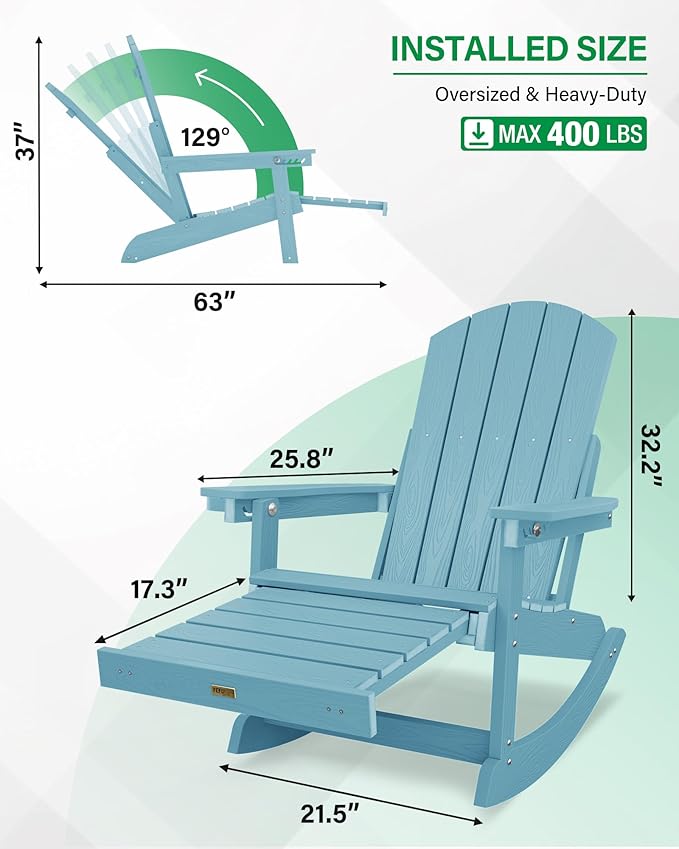 YEFU Adirondack Chairs with Retractable Ottoman: Oversize Adirondack Rocking Chairs - 5-Level Adjustable High Back - Outdoor Rocker with Cup Holder for Porch/Gardens/Lawn/Patio/Backyard/Blue