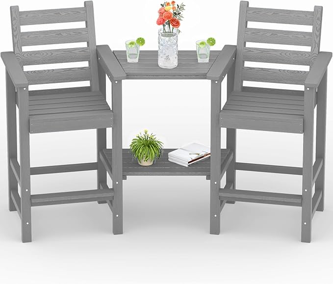 PLUUV Tall Adirondack Chairs Set of 2, All Weather HDPE Poly Bar Height Balcony Adirondack Chair with Removable Double Connecting Trays, Outdoor Adirondack Barstools for Deck, Patio, Yard, Pool, Lawn