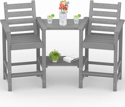 PLUUV Tall Adirondack Chairs Set of 2, All Weather HDPE Poly Bar Height Balcony Adirondack Chair with Removable Double Connecting Trays, Outdoor Adirondack Barstools for Deck, Patio, Yard, Pool, Lawn