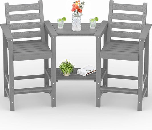 PLUUV Tall Adirondack Chairs Set of 2, All Weather HDPE Poly Bar Height Balcony Adirondack Chair with Removable Double Connecting Trays, Outdoor Adirondack Barstools for Deck, Patio, Yard, Pool, Lawn