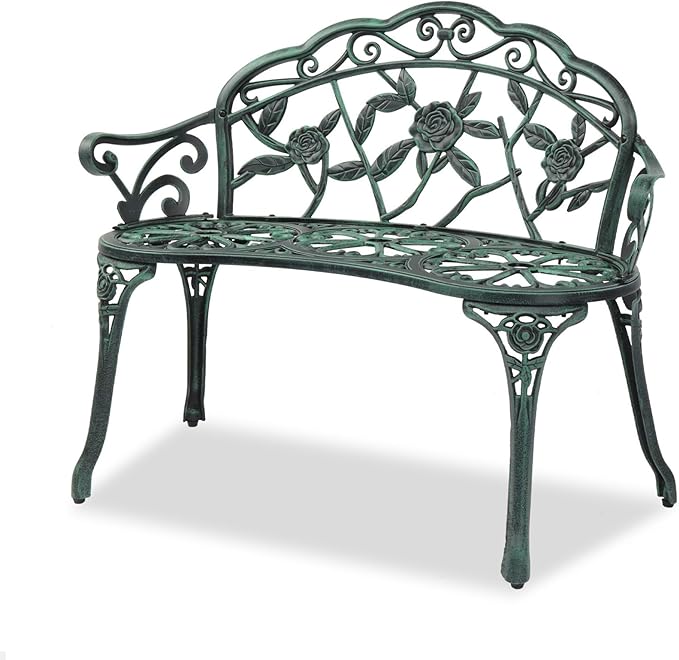 38.5” Outdoor Porch Bench with Hollow Rose Design,Elegant Garden Bench Park Bench for Backyard,Iron Bench with Arms,Antique Green