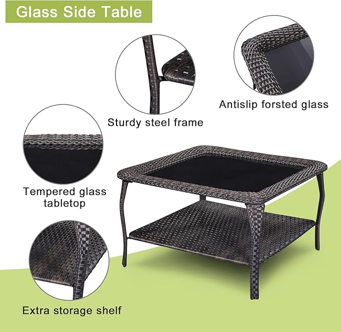 Rilyson Patio Tables Outdoor Coffee Table - Wicker Rattan Coffee Tables with 2-Tier Storage Shelf Glass Top for Proch Deck Balcony Garden Squre Brown