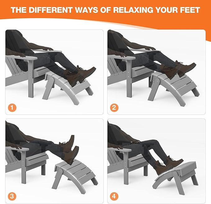 YEFU Adirondack Ottoman, Patio Foot Rest, Adirondack Foot Rest, Folding Adirondack Footstool, Weather Resistant for Adirondack Chair, Widely Used for Outdoor, Porch, Backyard, Garden, Fire Pits-Grey