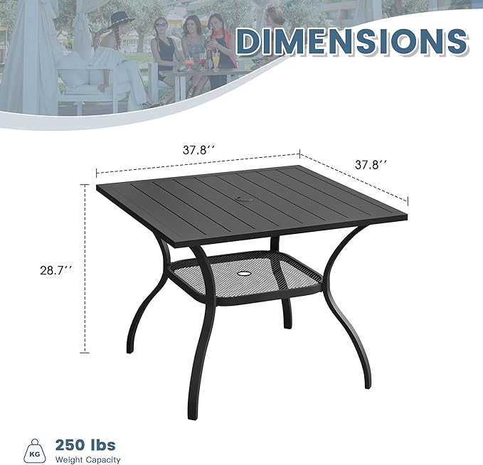 DIFY Square Patio Dining Table for 4, 38" Black Outdoor Metal Dining Table with 1.57" Umbrella Hole for Backyard, Lawn, Garden and Deck