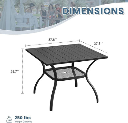 DIFY Square Patio Dining Table for 4, 38" Black Outdoor Metal Dining Table with 1.57" Umbrella Hole for Backyard, Lawn, Garden and Deck