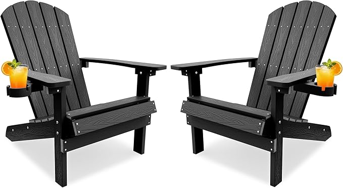 YEFU Adirondack Chairs Set of 2 for Patio: Zero Gravity Fire Pit Chairs Plastic with Cup Holders & Wood Texture - Sturdy All-Weather HIPS for Outdoor Backyard Lawn - Easy Assembly(Black)