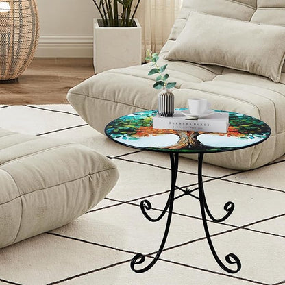 18" Side Table Outdoor, Tree Pattern Metal Accent Table, Indoor Small Round End Tables, Plant Stand Tables for Patio Yard Balcony Garden Bedside