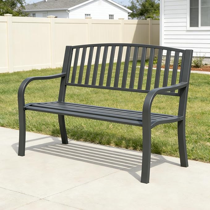 Metal Bench Patio Bench, Outdoor Benches Weatherproof with Slat Backrest, Wrought Iron Garden Benches for Outdoors, Patio, Garden, Park