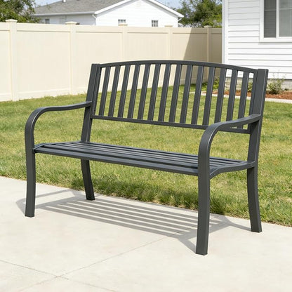Metal Bench Patio Bench, Outdoor Benches Weatherproof with Slat Backrest, Wrought Iron Garden Benches for Outdoors, Patio, Garden, Park