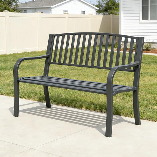 Metal Bench Patio Bench, Outdoor Benches Weatherproof with Slat Backrest, Wrought Iron Garden Benches for Outdoors, Patio, Garden, Park