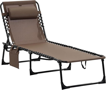 Outsunny Folding Chaise Lounge Chair, Patio Sun Tanning Chair, Outdoor Chaise Lounger with 5-Position Reclining Back, Breathable Mesh Seat for Beach, Poolside, Yard, Brown
