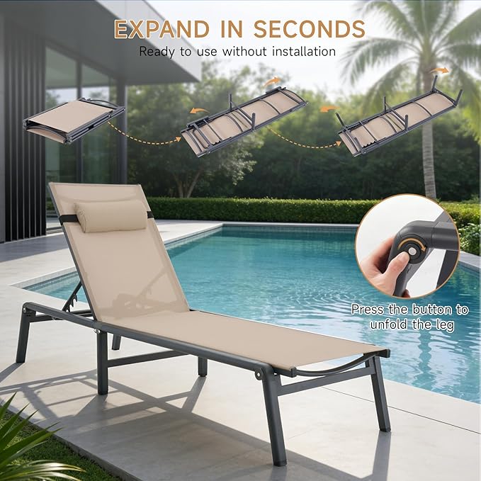ONBRILL 2 PCS Chaise Lounge Chair Outdoor, Foldable & Assembly Free Outdoor Lounge Chair with 5 Position Adjustable Backrest, Aluminum Pool Lounge Chairs for Outside Poolside Patio Beach Lawn, Khaki
