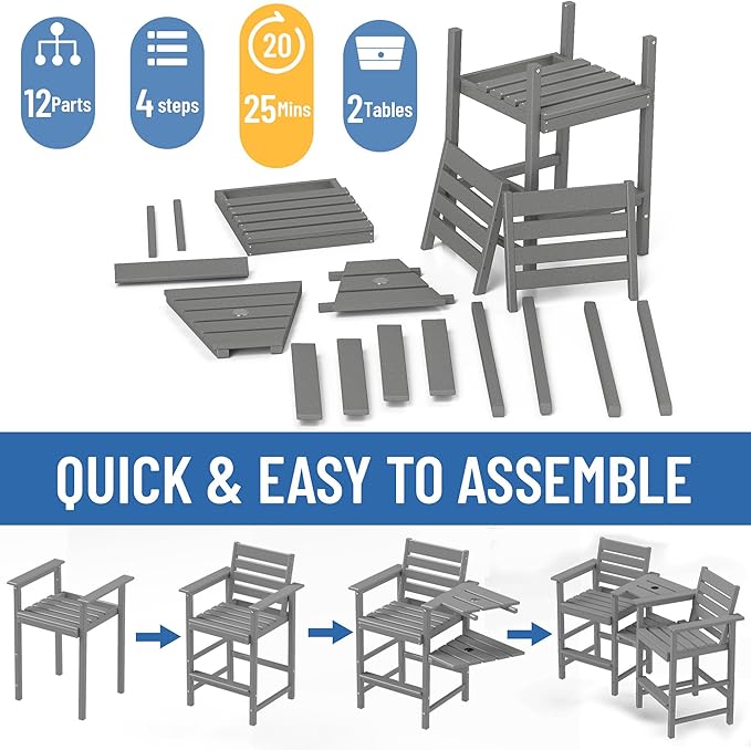 Tall Adirondack Chair Set of 2 ,HDPE Adirondack Bar Stools with Removable Connecting Trays ,Weather Resistant Balcony Chair,Outdoor Adirondack Bar Chairs for Patio,Pool,Garden, Backyard 360LBS Grey