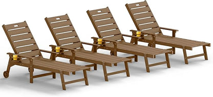 YEFU Lounge Chair Outdoor Set of 4: Outdoor Chaise Lounge with 5-Level Adjustable Backrest, Cup Holders & Wheels, All-Weather Resistance Chaise Lounge for Outside/Patio/Beach/Deck, Teak