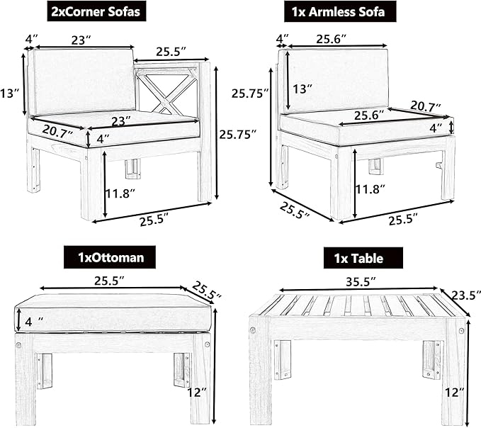 Outdoor Backyard Patio Wood 5-Piece Sectional Sofa Seating Group Set with Cushions, Natural Finish+ Beige Cushions - Photo 2