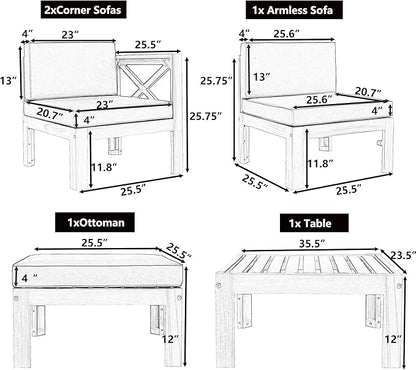 Outdoor Backyard Patio Wood 5-Piece Sectional Sofa Seating Group Set with Cushions, Natural Finish+ Beige Cushions