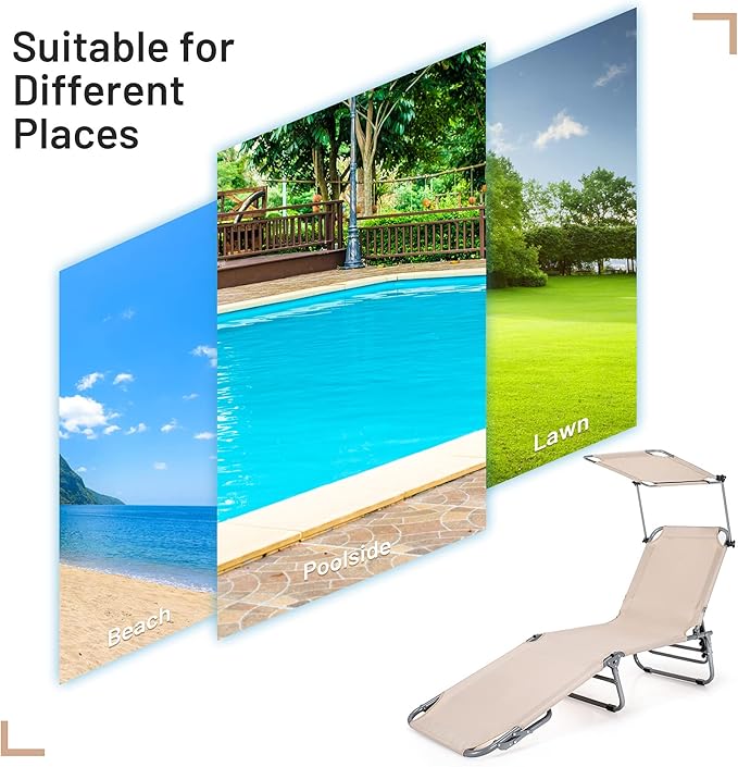 Giantex Outdoor Folding Chaise Lounge, Portable Tanning Chair with 5 Adjustable Positions, 360°Rotatable Canopy Shade - Photo 10
