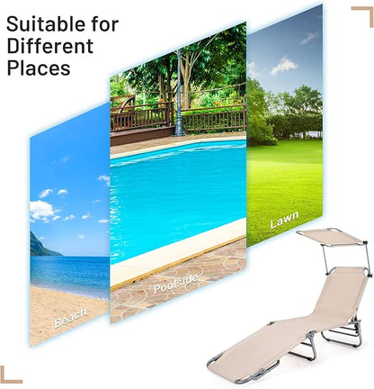 Giantex Outdoor Folding Chaise Lounge, Portable Tanning Chair with 5 Adjustable Positions, 360°Rotatable Canopy Shade, Side Pocket, Patio Lounge Chair for Beach, Lawn Sunbathing Chair (1, Beige)