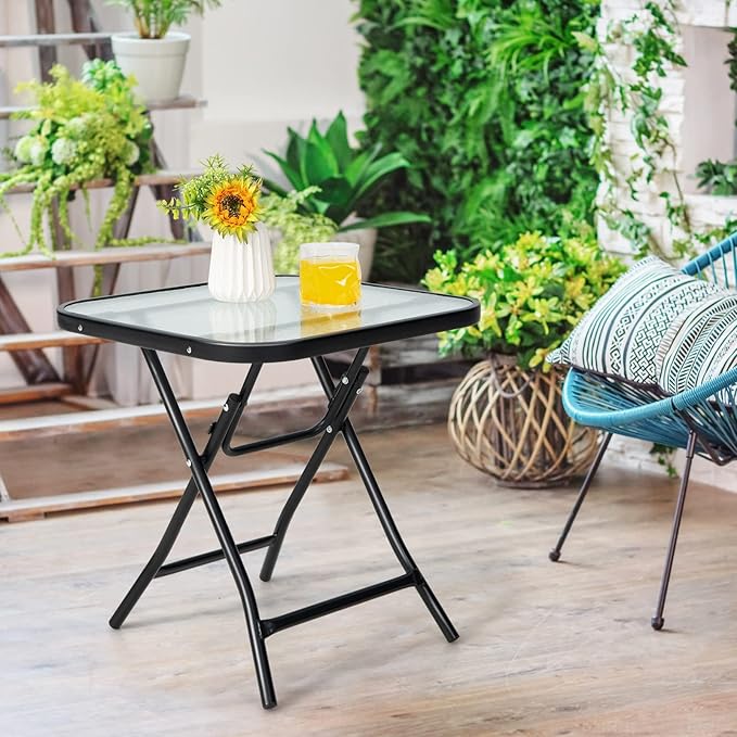 Tangkula Patio Bistro Table, 18" Square Glass Top Side Table with Rustproof Frame, Folding Coffee Table for Patio, Balcony, Backyard, Poolside(Black)