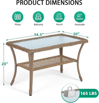 VIVIJASON Outdoor Wicker Coffee Table, All-Weather Rattan Patio Coffee Table with 2-Tier Storage, Tempered Glass Top Rectangle Center Table for Deck, Garden, Balcony, Porch, Indoor or Outdoor Use