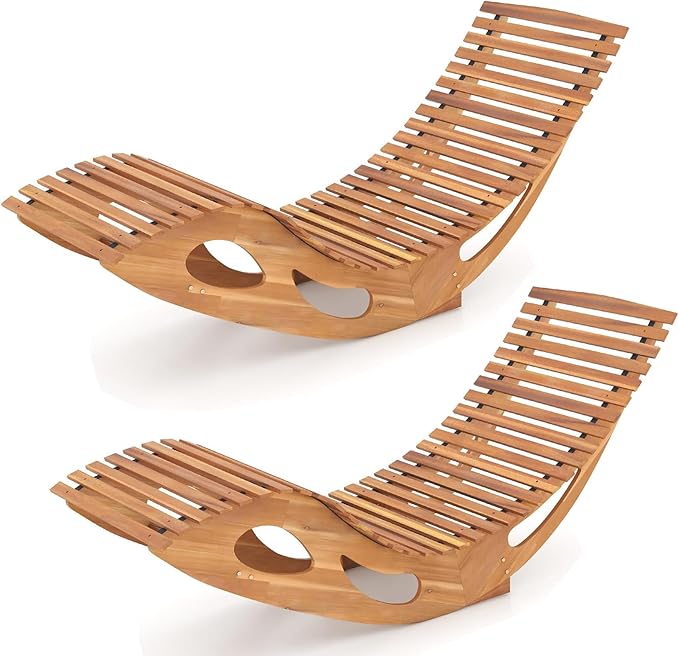 HAPPYGRILL Outdoor Acacia Wood Chaise Lounge Set of 2, Rocking Chair with High Back, Slatted Seat, Stopper, Outside Wood Rocker, 350 Lbs Capacity Sun Lounger