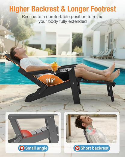 YEFU Adjustable Adirondack Chair with Footrest, 5-Level Adjustable Adirondack Chair with Retractable Ottoman & 2 Cup Holder, Folding Adirondacks Chairs Use for Outdoor, Pool, Patio, Fire Pit (Black)