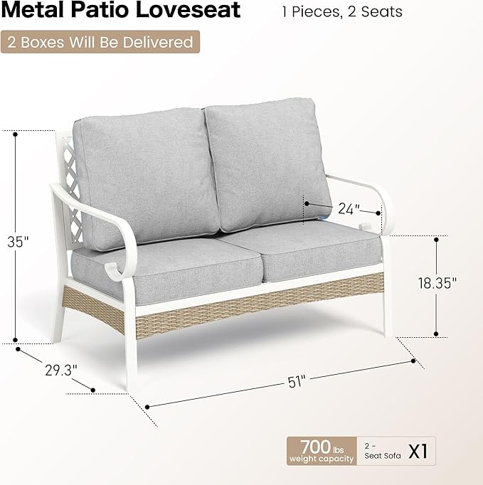 Metal Patio Furniture Loveseat with 5.75" Extra Thick Waterproof Cushion, 2-Seater Deep Seating & High-Back White Outdoor Couch All Weather Outdoor Seating for Gazebo Porch, Light Gray