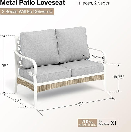 Metal Patio Furniture Loveseat with 5.75" Extra Thick Waterproof Cushion, 2-Seater Deep Seating & High-Back White Outdoor Couch All Weather Outdoor Seating for Gazebo Porch, Light Gray