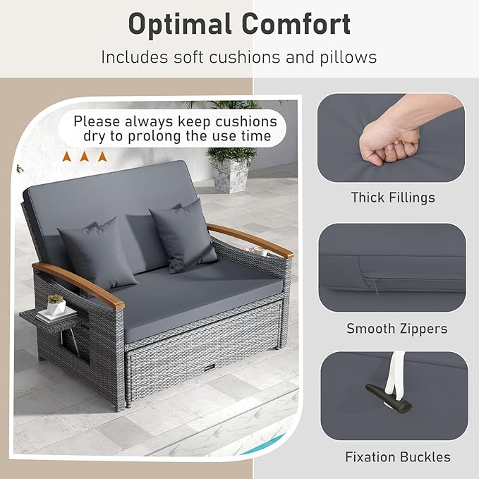 LDAILY Moccha Outdoor Wicker Daybed, Patio Rattan Loveseat Sofa w/ 4-Level Adjustable Backrest, Folding Panels - Photo 3