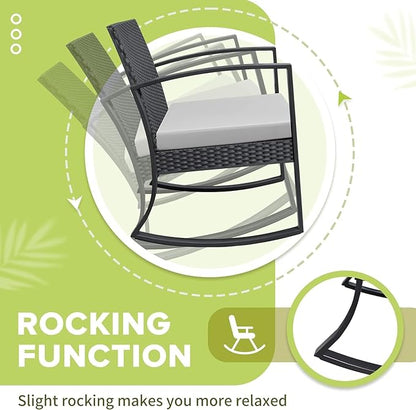 Homall Patio Furniture Set 3 Piece Resin Outdoor Bistro Set Rocking Patio Chairs with Cushions and Table for Porch, Poolside, Balcony and Yard (White)