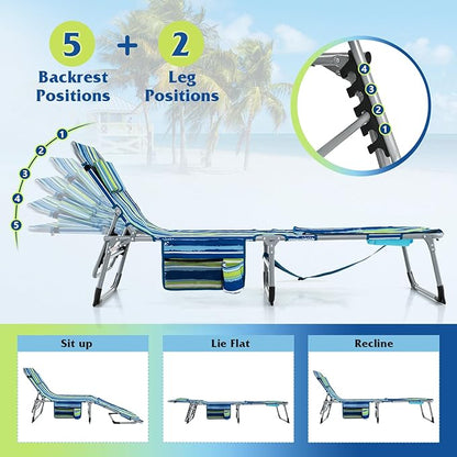 GYMAX Tanning Chair, 330LBS Beach Lounge w/Face Arm Hole & Hand Shoulder Strap, Folding Layout Sunbathing Chair, Face Down Outdoor Chaise Lounger for Patio, Poolside, Backyard (1, Blue Stripe)