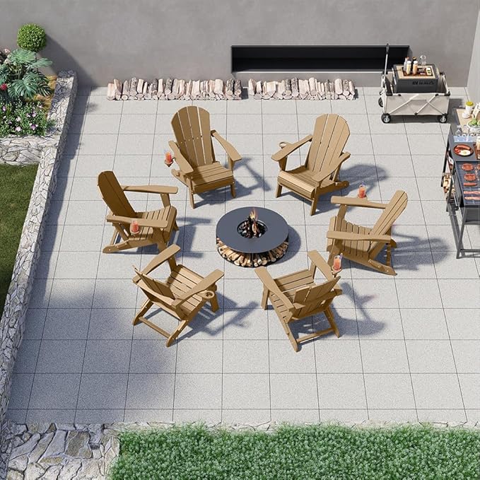 Folding Adirondack Chairs with Cup Holders, Set of 6 HDPE Plastic Outdoor Chairs, Weather Resistant, Real Wood Look, Heavy-Duty Patio Furniture for Deck, Fire Pit, Backyard, Brown
