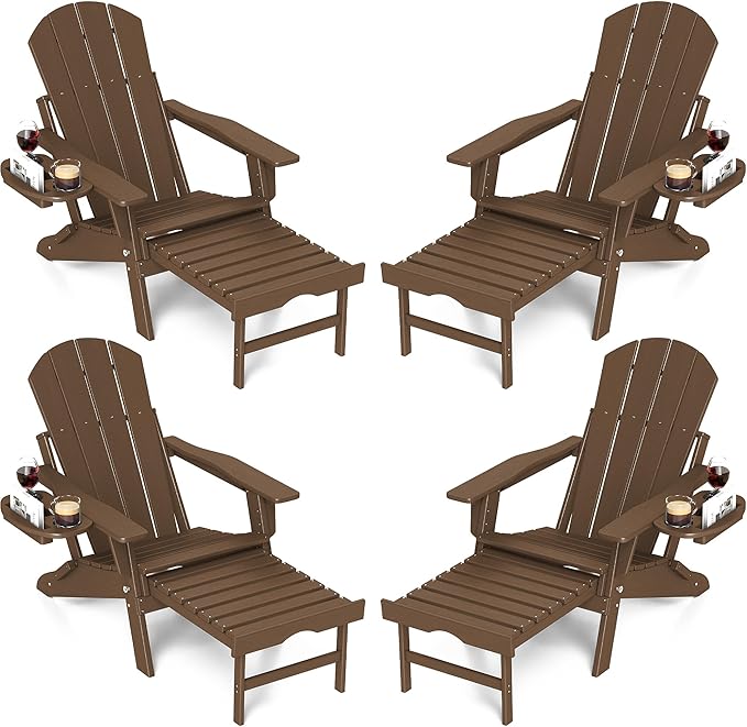 FOOWIN Adirondack Chair with Retractable Ottoman,HDPE Folding Adjustable Adirondack Chair w/4 in 1 Cup Holder Trays,All-Weather Resistant Fire Pit Chair for Outdoor Patio Lawn Set of 4
