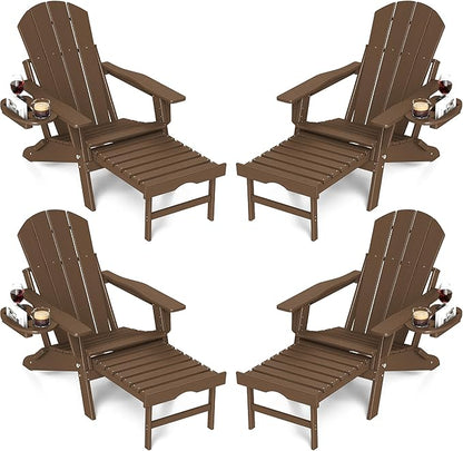 FOOWIN Adirondack Chair with Retractable Ottoman,HDPE Folding Adjustable Adirondack Chair w/4 in 1 Cup Holder Trays,All-Weather Resistant Fire Pit Chair for Outdoor Patio Lawn Set of 4