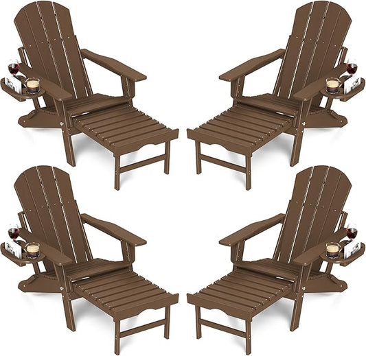 FOOWIN Adirondack Chair with Retractable Ottoman,HDPE Folding Adjustable Adirondack Chair w/4 in 1 Cup Holder Trays,All-Weather Resistant Fire Pit Chair for Outdoor Patio Lawn Set of 4