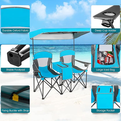 S AFSTAR Double Camping Chair w/Shade Canopy, 2-Person Folding Camp and Beach Chair with Mini Table Beverage Cup Holder Carrying Bag, Collapsible Camping Chairs for Garden Patio Pool Beach