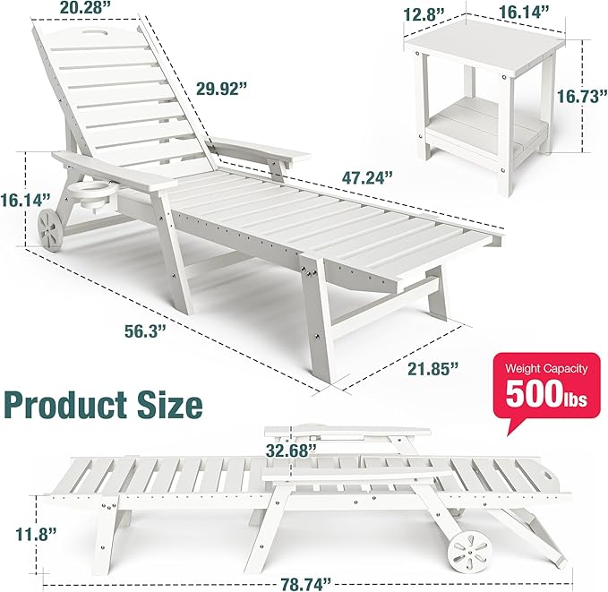 Pamapic 500 LBS Lounge Chair with Coffee Table Set of 2, Wide Armrest Oversized Chaise Lounge Chair with Wheel, 4 Positions Chaise Lounge with Cup Holder, Outdoor Lounge Chairs for Poolsdie, White