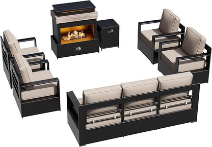 Outdoor Aluminum Furniture Set, 6-Piece Patio Conversation Set, 4 Chairs 1 Sofa and 1 Fireplace, All-Weather Metal Frame, 6" Thick Removable Cushions, Deep Setting for Garden, Poolside and Porch