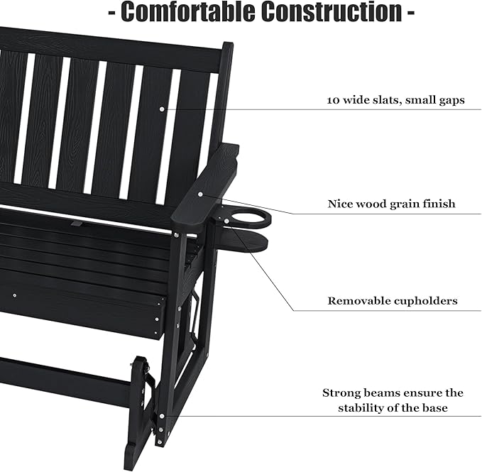 Poly Lumber Patio Glider, Durable HIPS Material, Weather-Resistant Swing Bench for Outdoor Porch Garden (Black - Photo 5